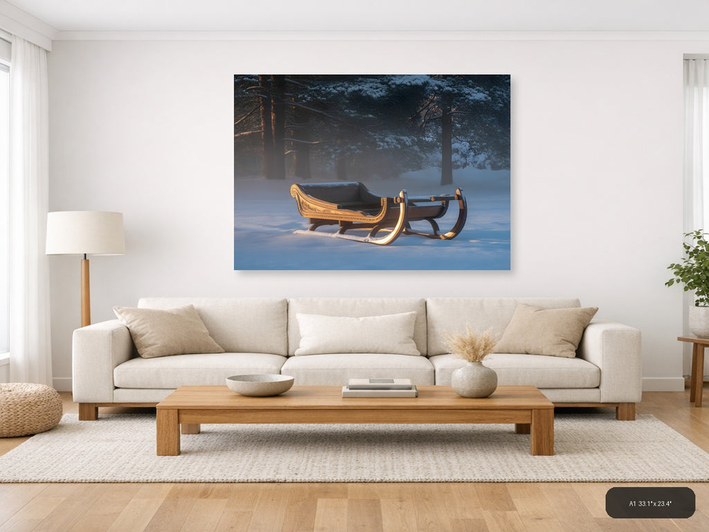 Golden Sleigh in Winter Forest Snow Photography Wall Art — A1 / Living Room