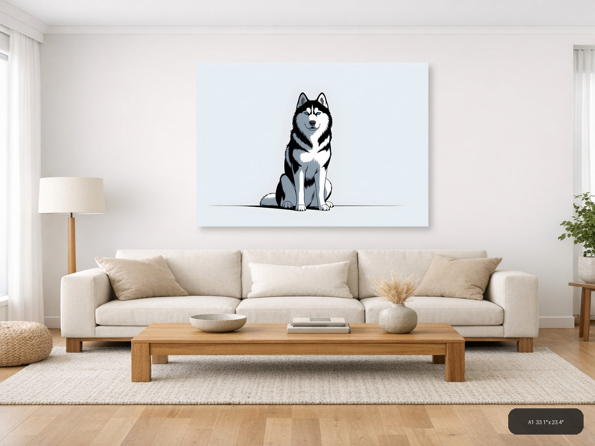 Siberian Husky Portrait - Minimalist Black & White Wall Art — A1 / Living Room