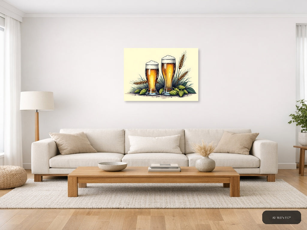 Beer Glasses with Hops and Wheat Line Art Wall Art — A3 / Living Room