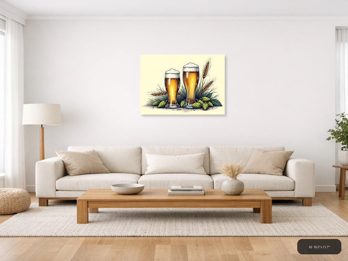 Beer Glasses with Hops and Wheat Line Art Wall Art — A3 / Living Room