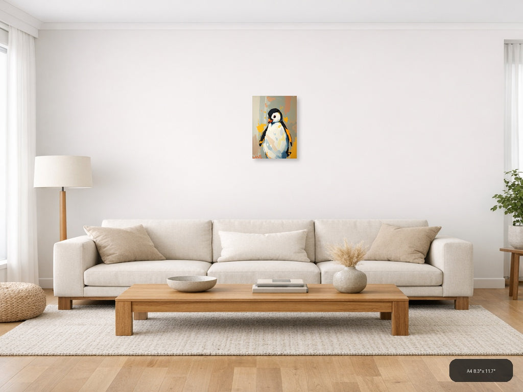 Abstract Penguin Portrait with Orange Splashes Wall Art — A4 / Living Room