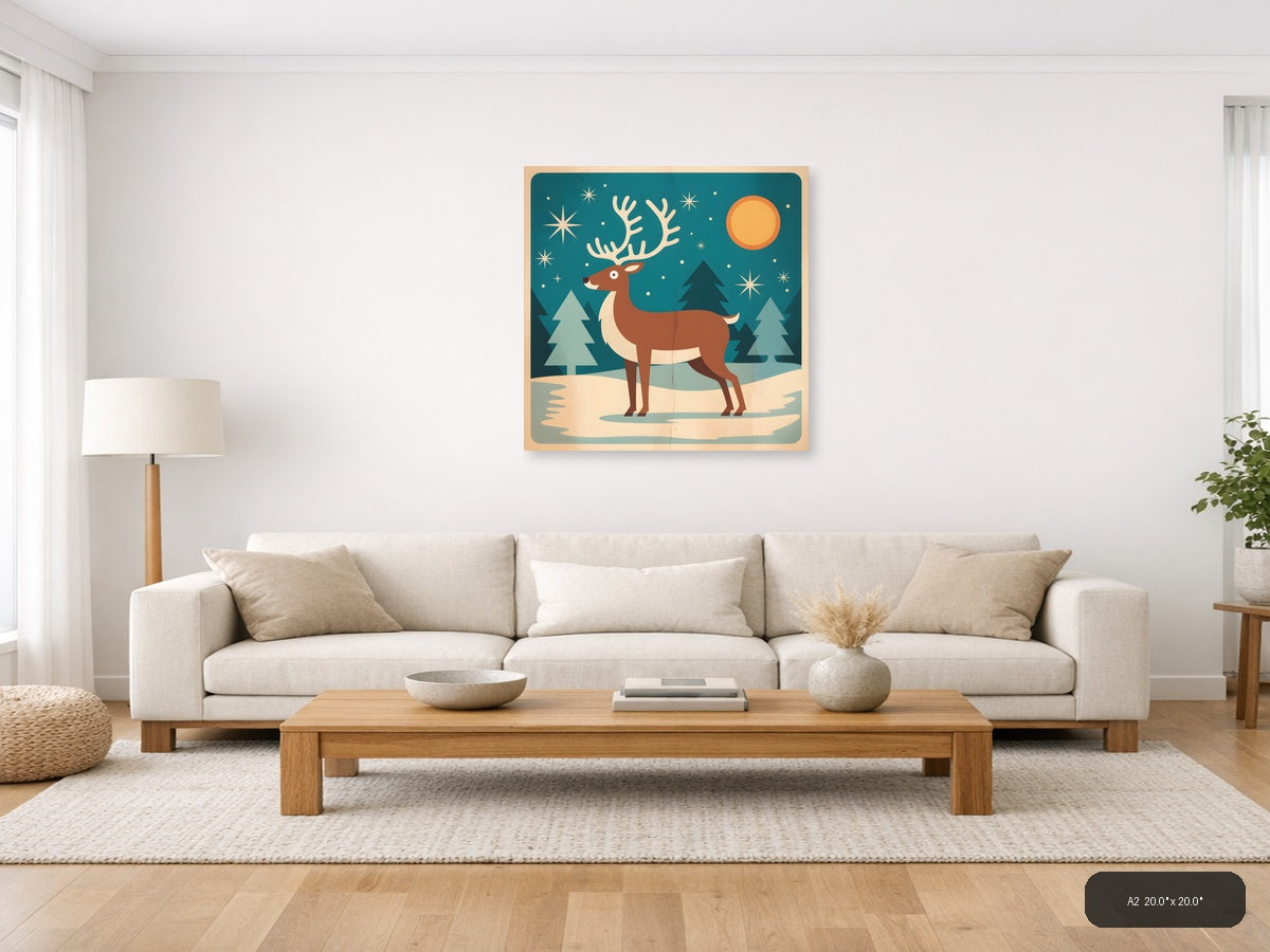 Vintage Reindeer Winter Night Sky Wall Art — A2 / Living Room