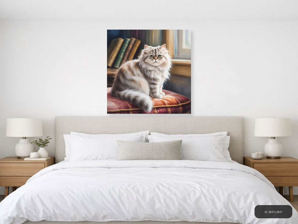 Fluffy White Cat by Books Watercolor Wall Art — A1 / Bedroom