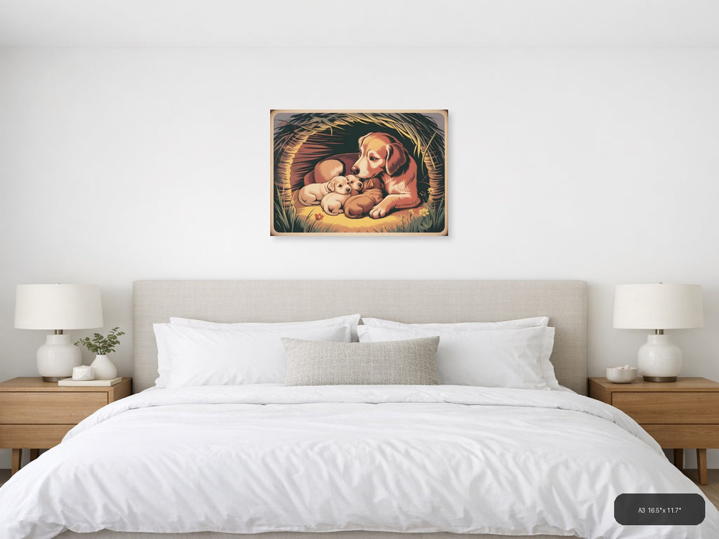 Vintage Mother Dog and Puppies Nest Wall Art — A3 / Bedroom