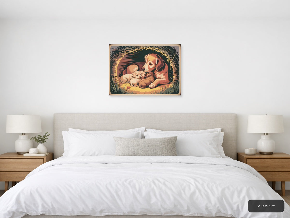 Vintage Mother Dog and Puppies Nest Wall Art — A3 / Bedroom