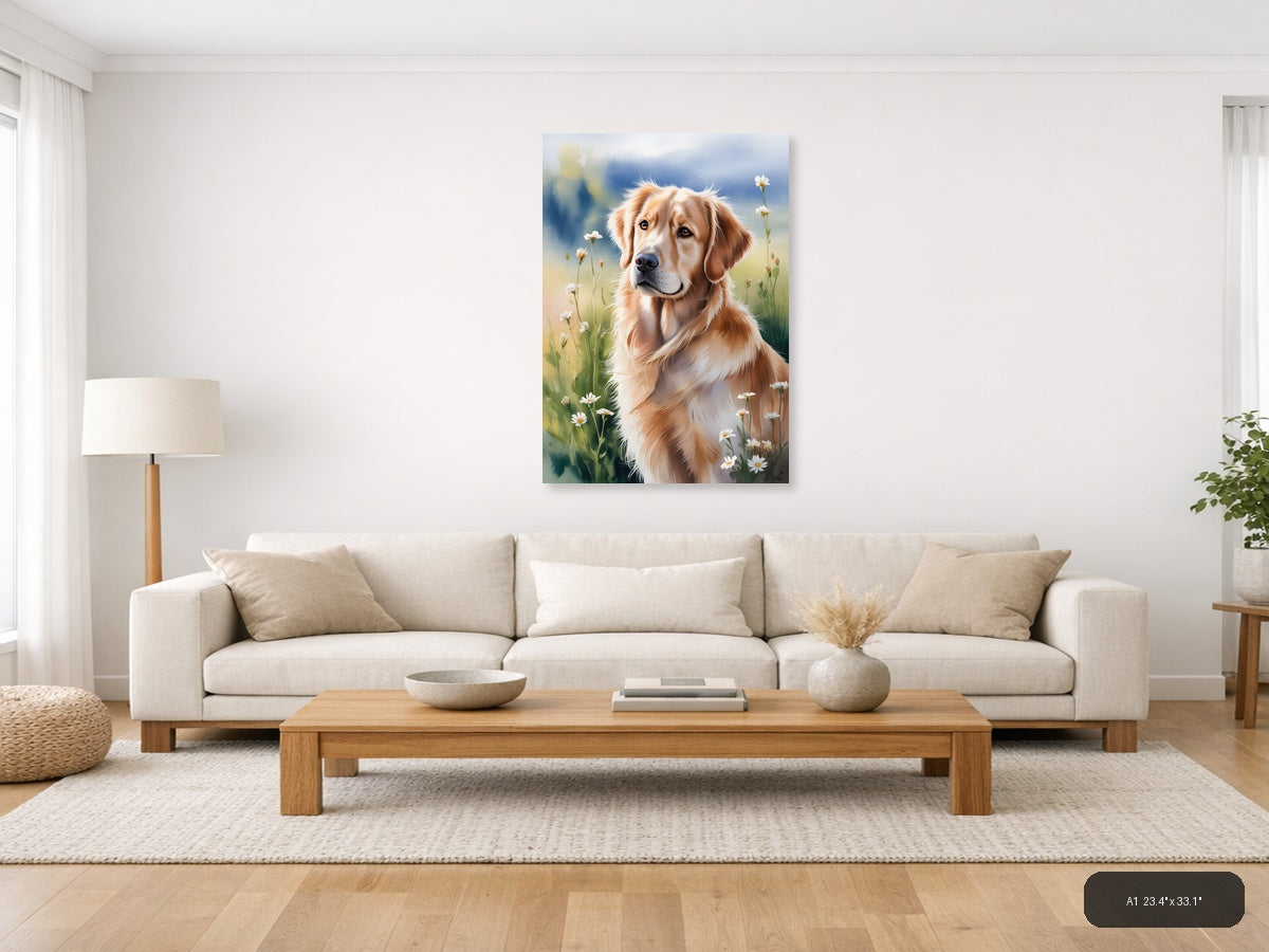 Golden Retriever in Wildflower Meadow Watercolor Wall Art — A1 / Living Room