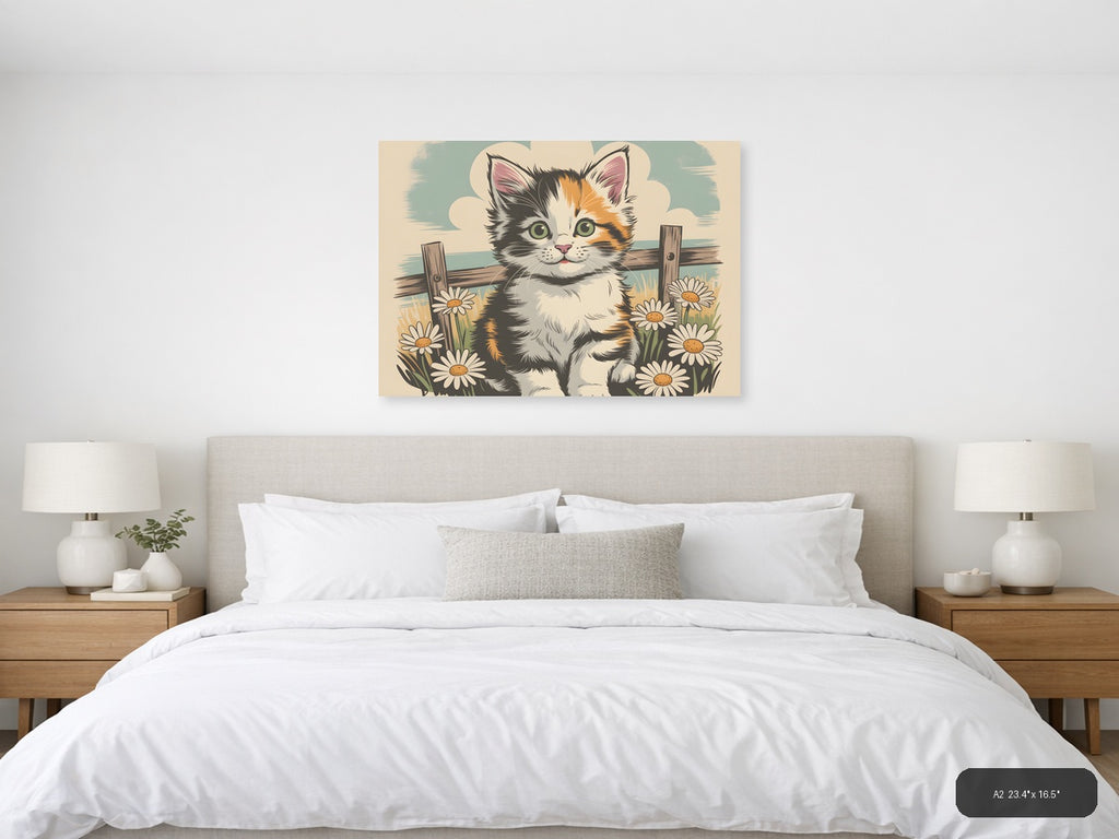 Calico Kitten with Daisies Vintage Wall Art — A2 / Bedroom