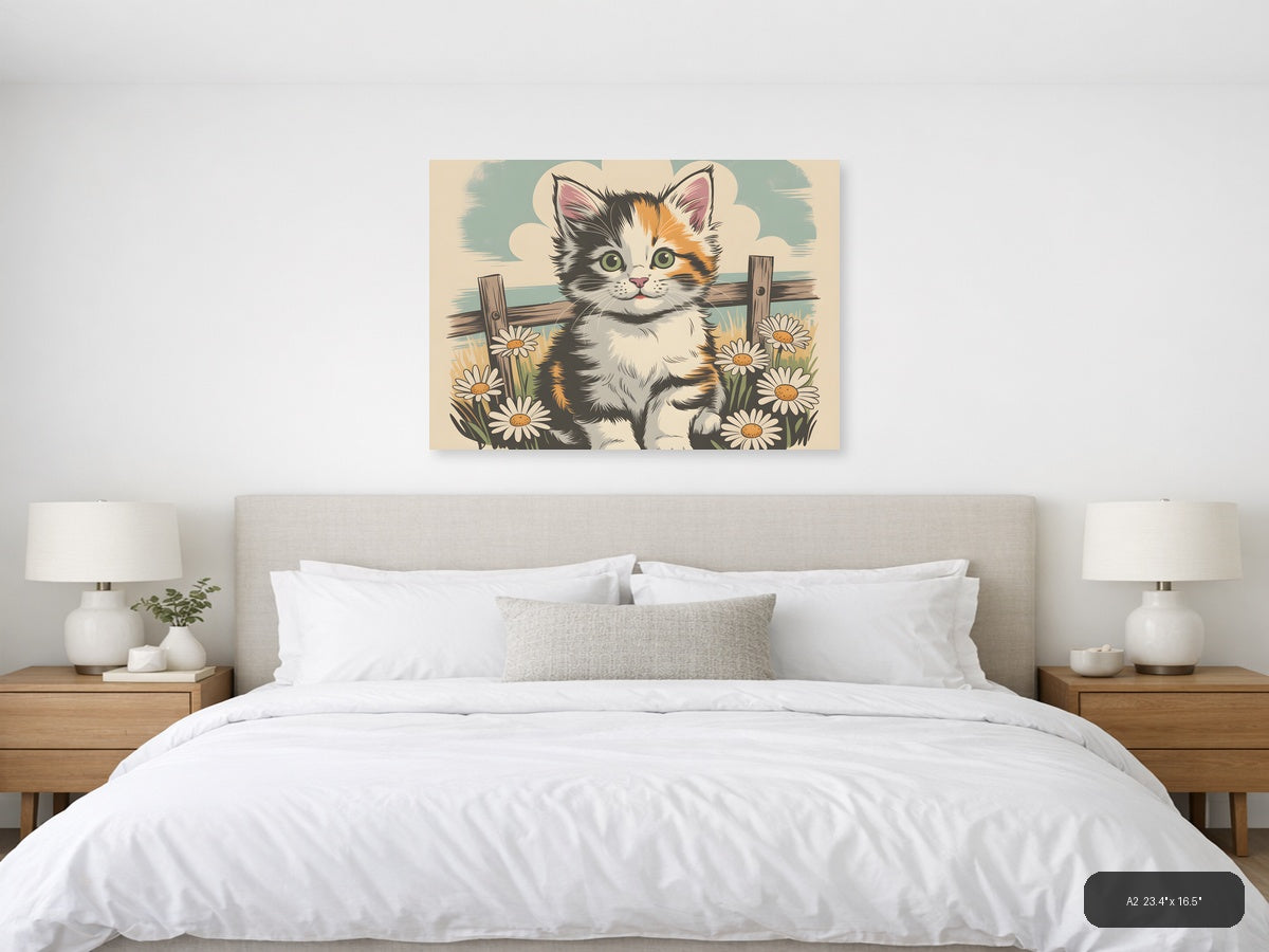 Calico Kitten with Daisies Vintage Wall Art — A2 / Bedroom