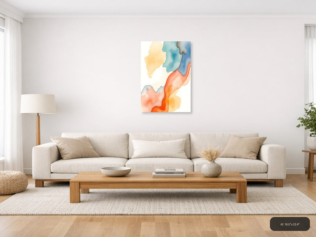Abstract Watercolor Landscape with Warm Orange & Cool Blue Wall Art — A2 / Living Room