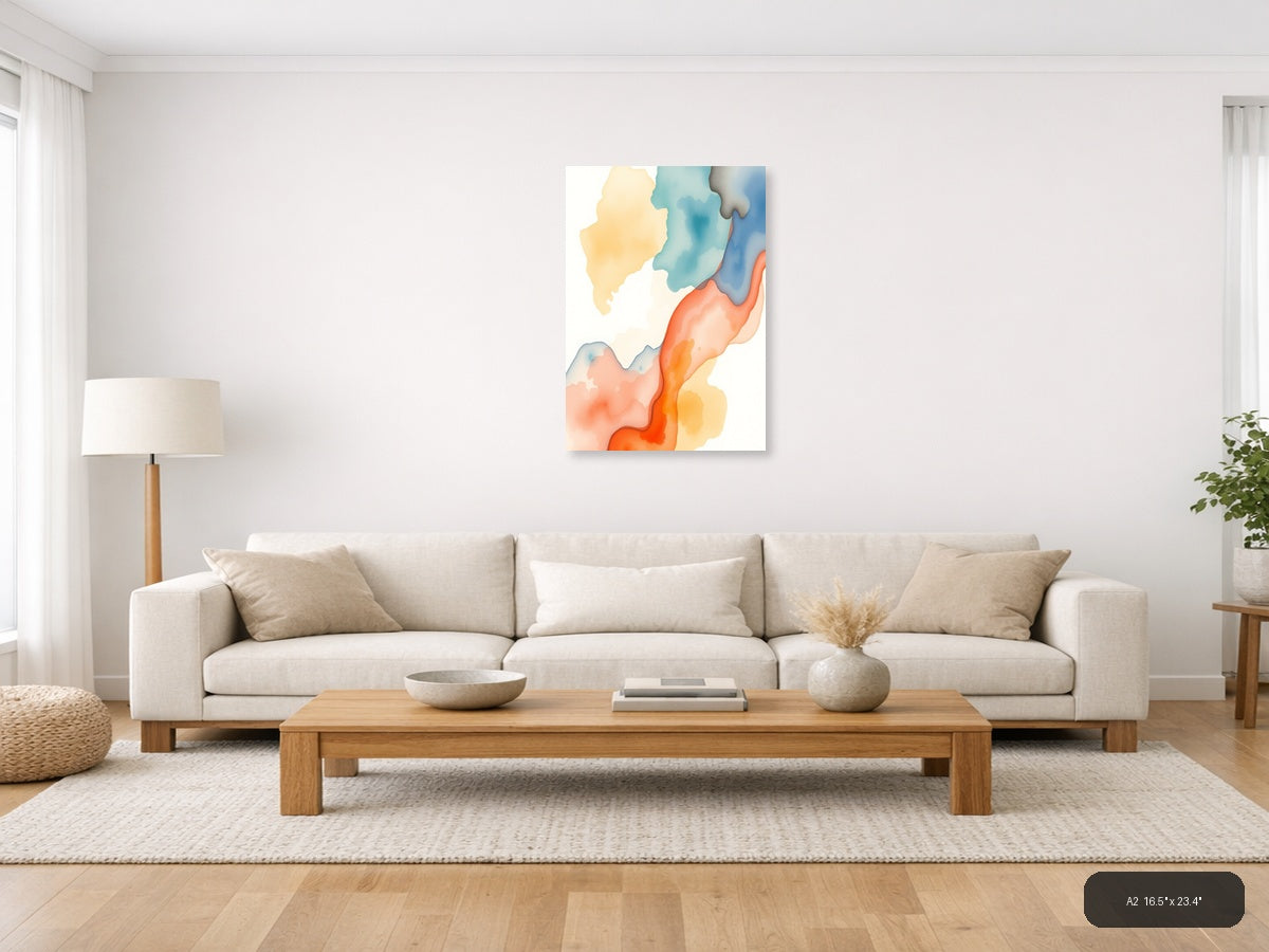 Abstract Watercolor Landscape with Warm Orange & Cool Blue Wall Art — A2 / Living Room
