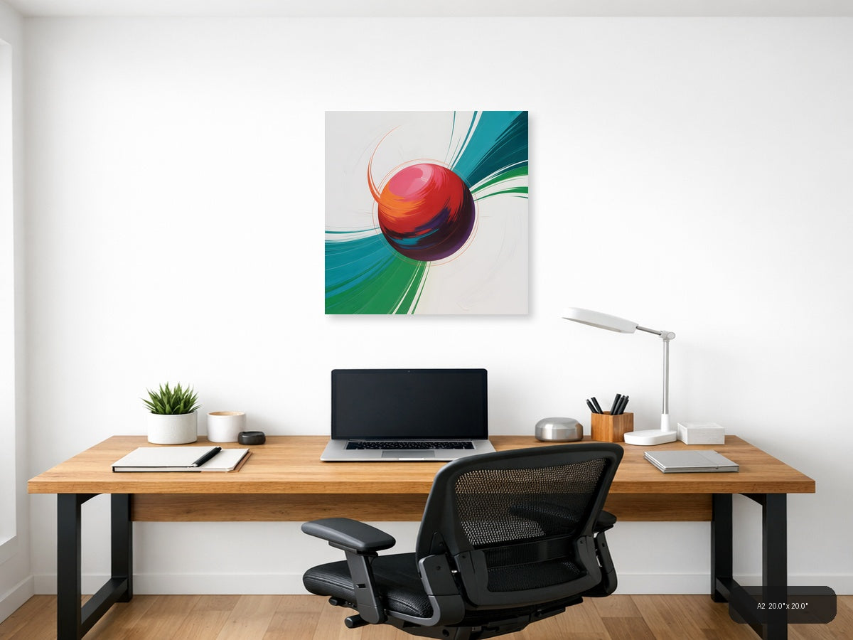 Red Sphere with Teal & Green Wave Abstract Wall Art — A2 / Office