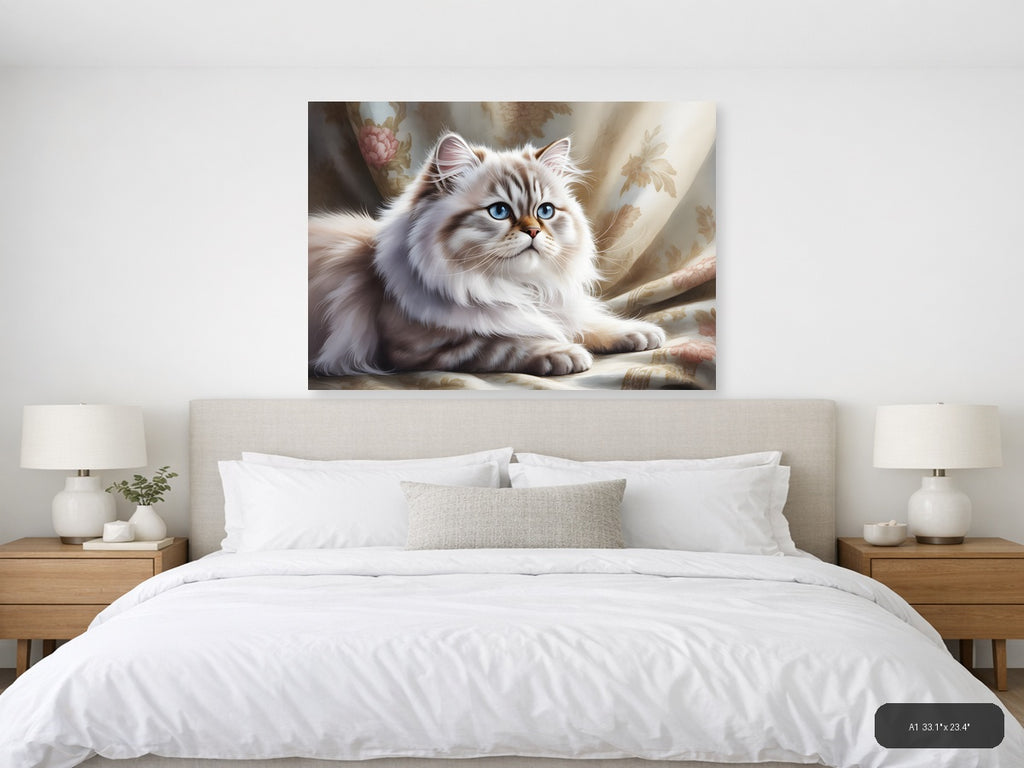 White Persian Cat with Blue Eyes Watercolor Wall Art — A1 / Bedroom