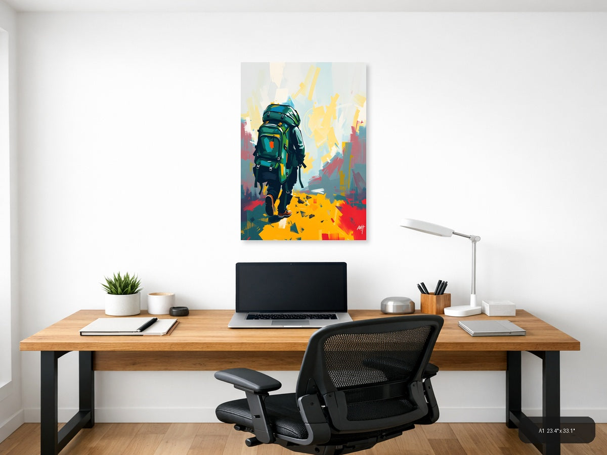 Abstract Hiker with Green Backpack Portrait Wall Art — A1 / Office