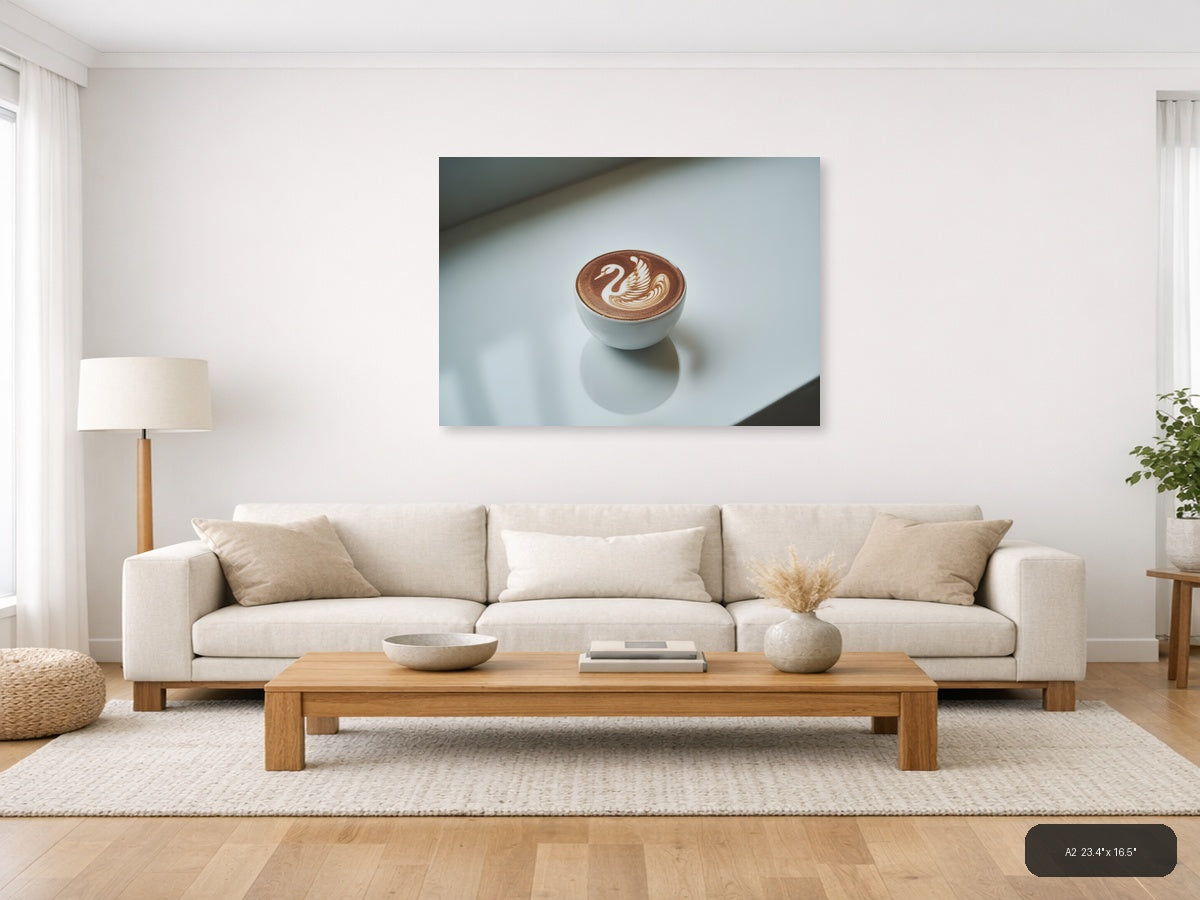 Minimalist Swan Latte Art Coffee Cup Wall Art — A2 / Living Room