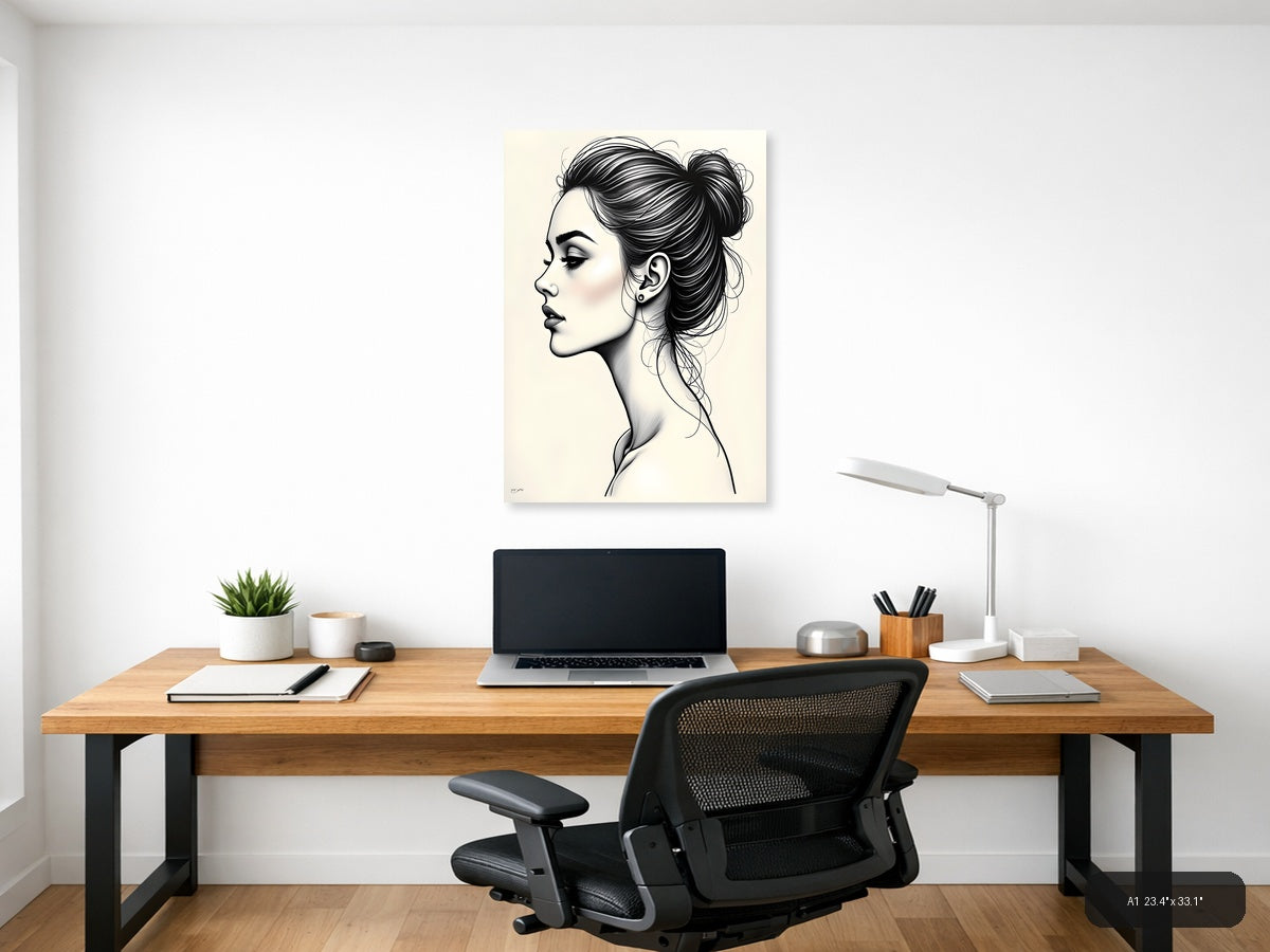 Profile Portrait Line Art Woman with Bun Hairstyle Wall Art — A1 / Office