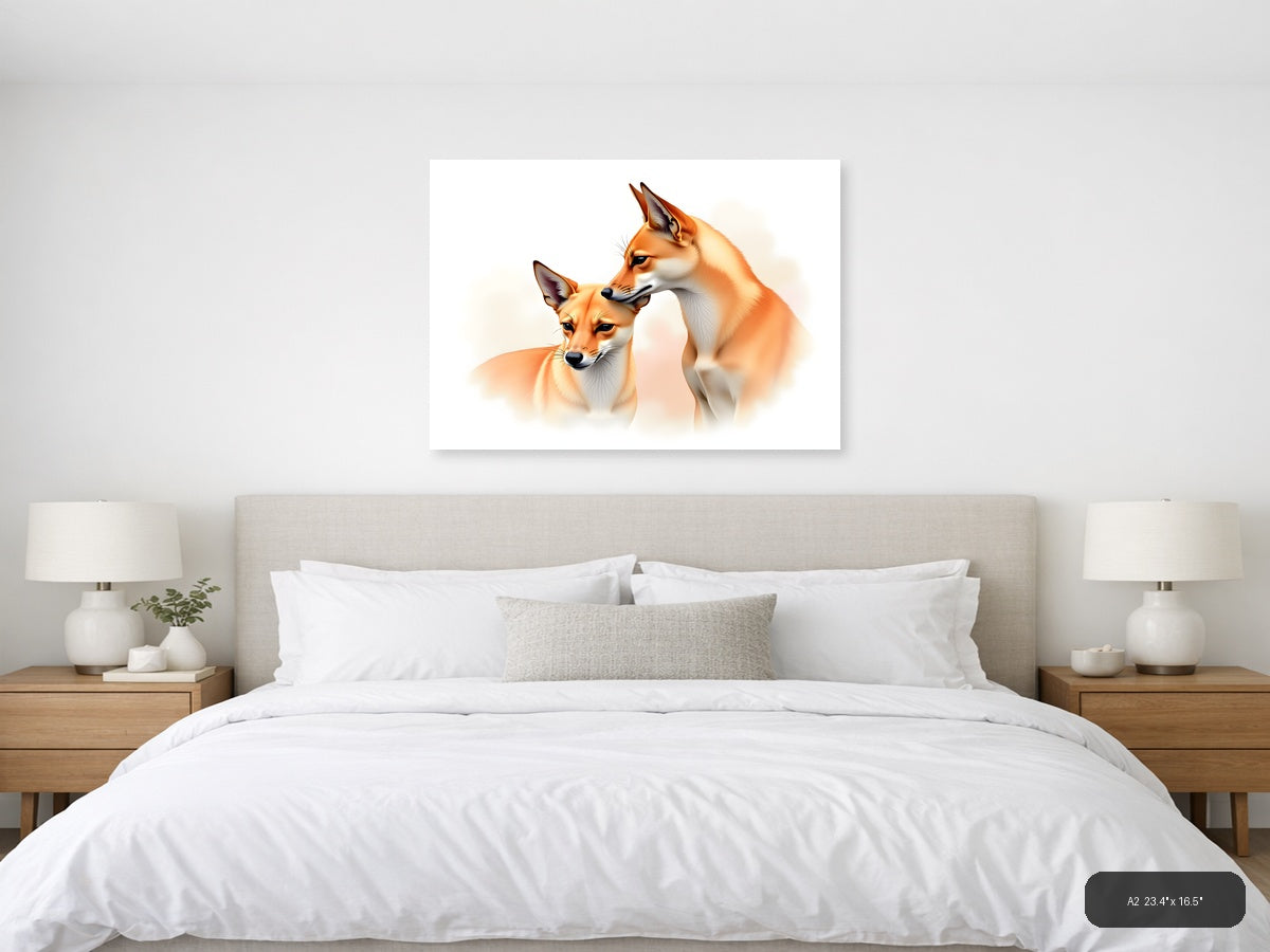 Two Foxes Watercolor Portrait Landscape Wall Art — A2 / Bedroom