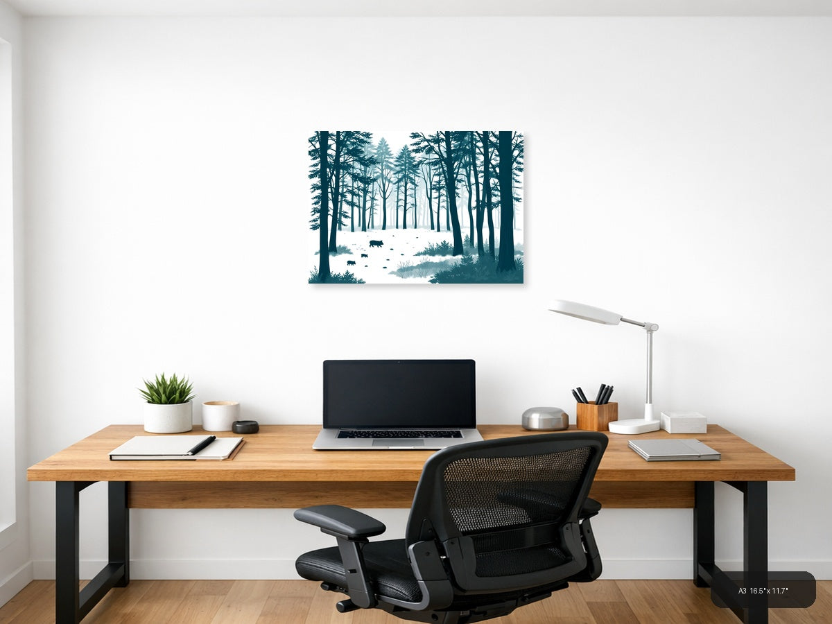 Minimalist Winter Forest with Wild Boars Wall Art — A3 / Office