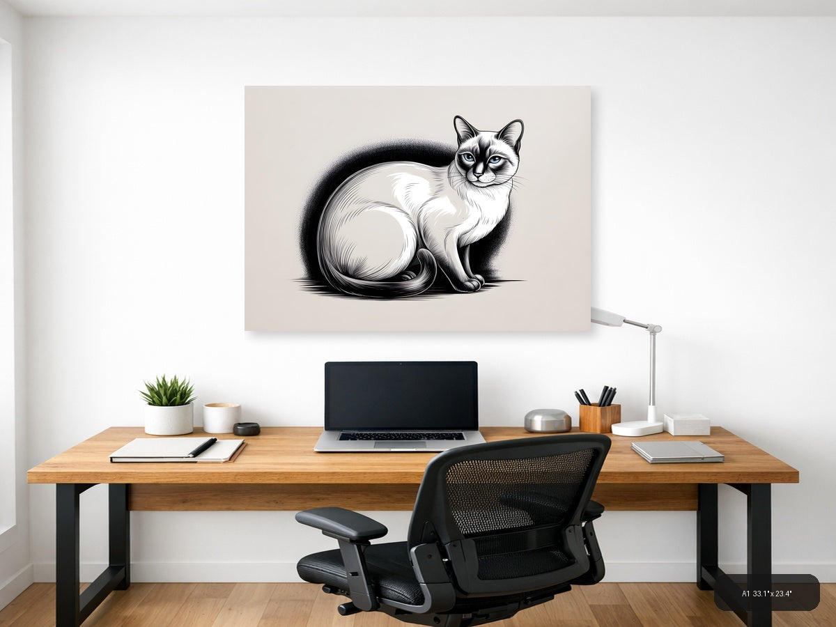 Siamese Cat with Fluffy Tail Line Art Wall Art — A1 / Office