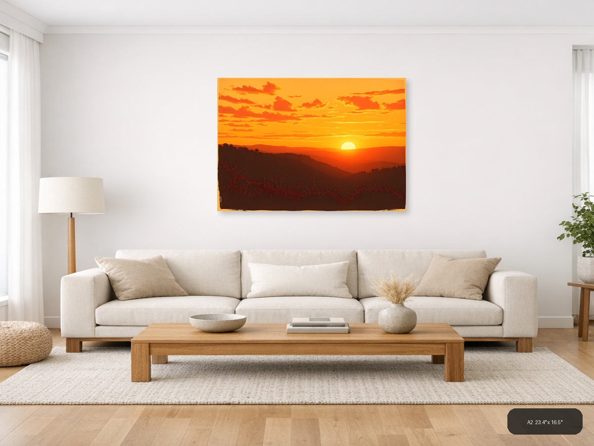 Vintage Sunset Over Mountains Landscape Wall Art — A2 / Living Room