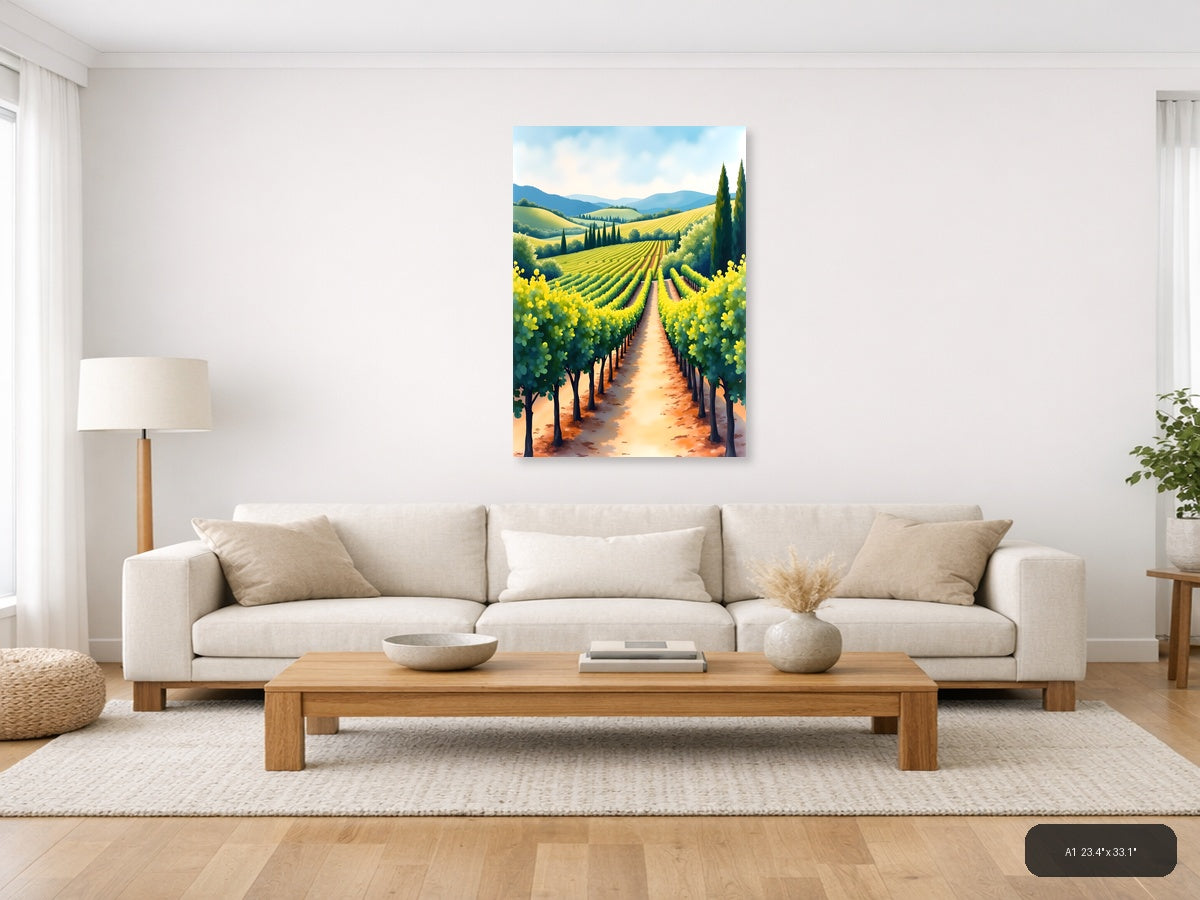 Tuscan Vineyard Landscape Watercolor Wall Art — A1 / Living Room