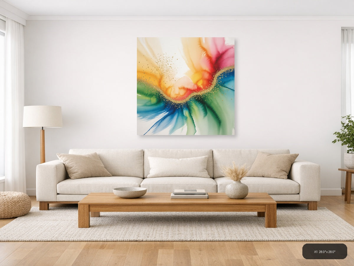 Rainbow Watercolor Flower with Gold Sparkle Wall Art — A1 / Living Room