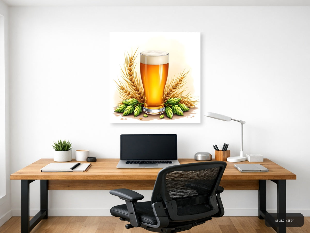 Beer Glass with Wheat and Hops Watercolor Wall Art — A1 / Office