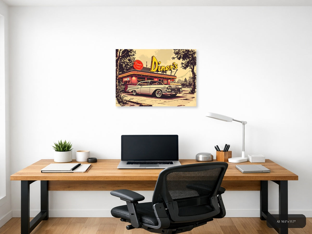 Vintage Diner & Classic Car Retro Wall Art — A3 / Office