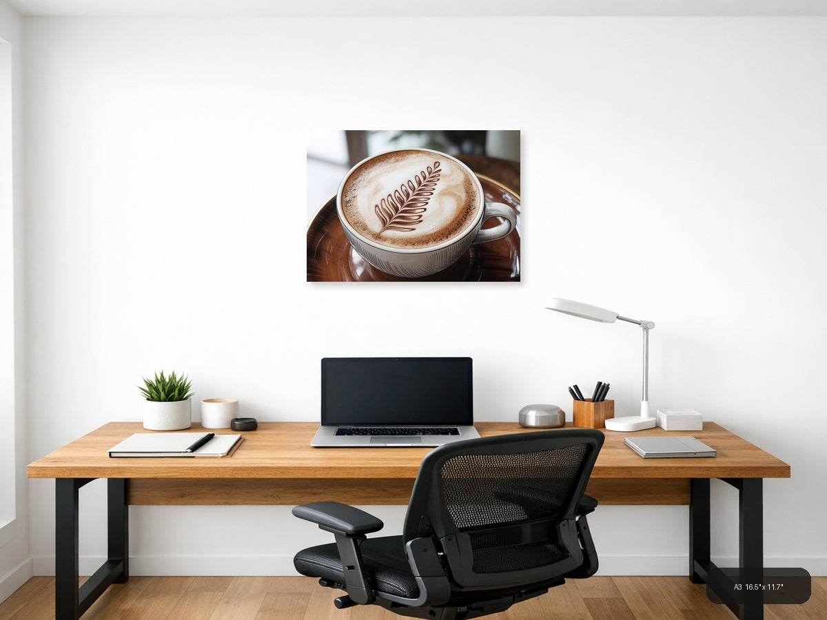 Latte Art Fern Leaf Line Art Coffee Wall Art — A3 / Office