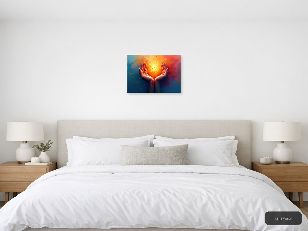 Glowing Hands Abstract Light Burst Modern Wall Art — A4 / Bedroom