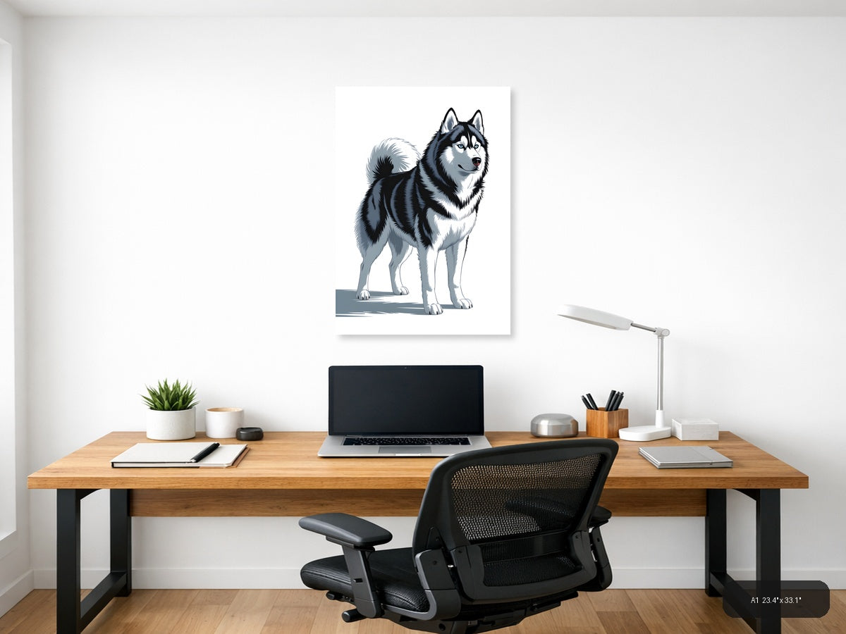 Husky Portrait Black White Minimalist Wall Art — A1 / Office