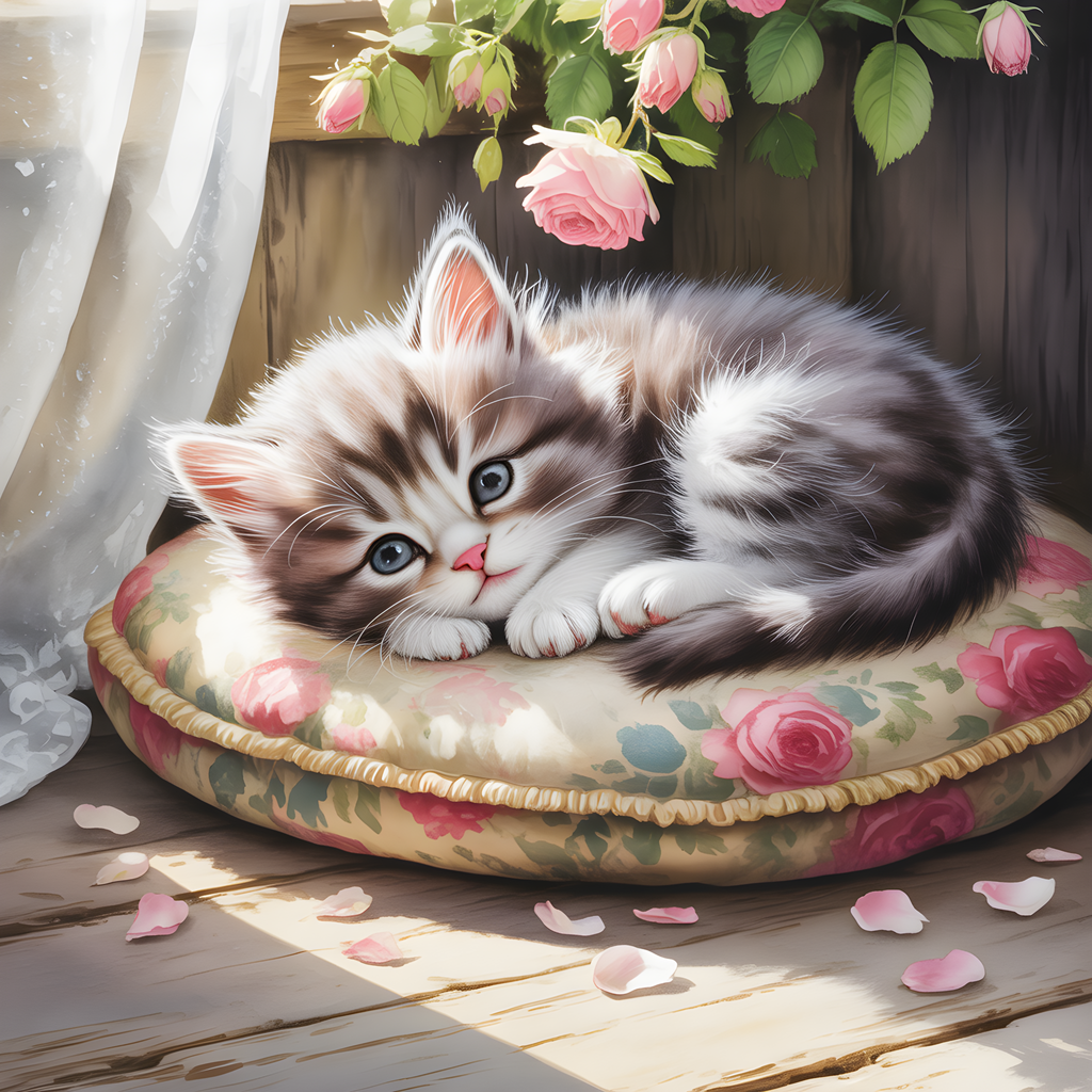 Fluffy Kitten on Floral Bed Watercolor Wall Art
