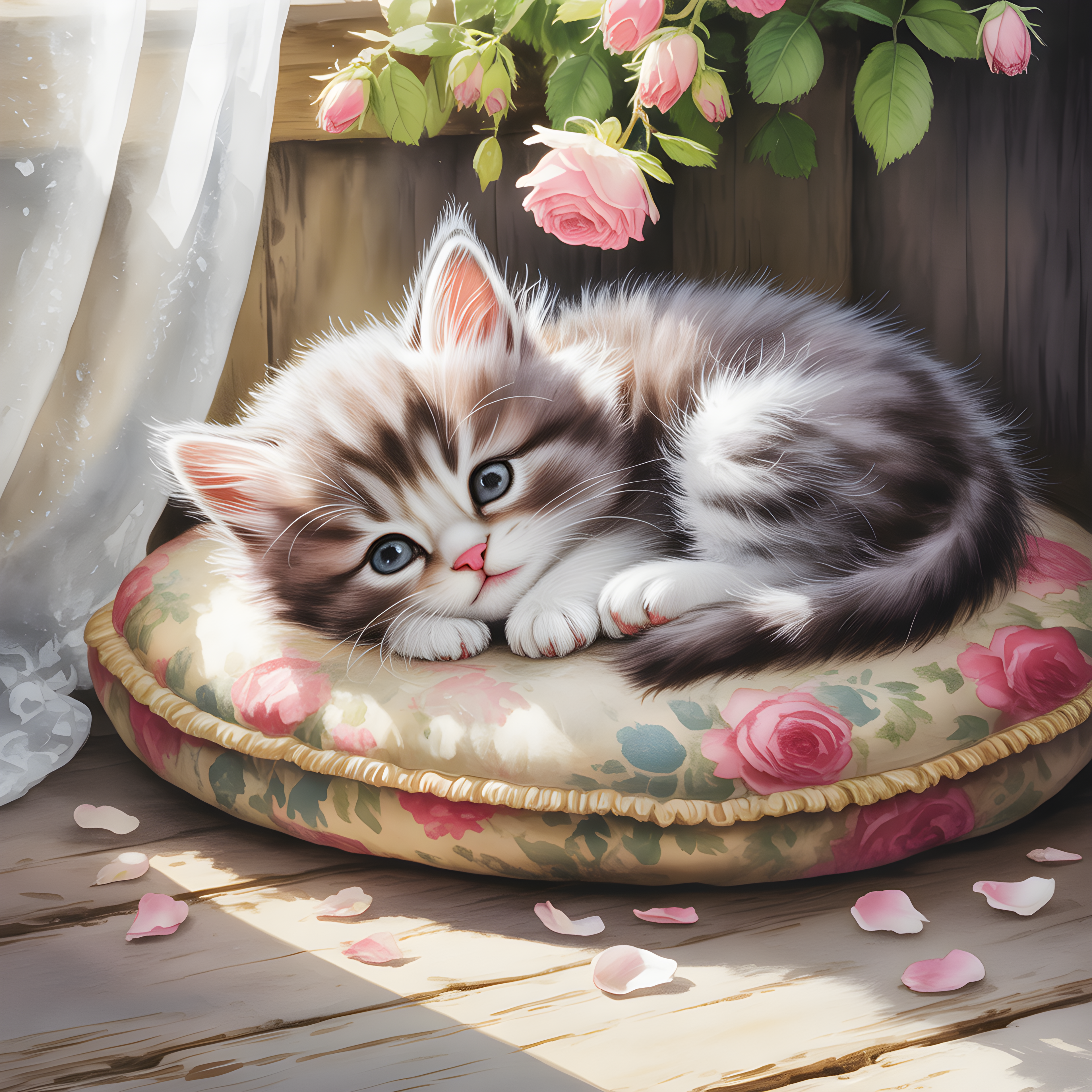 Fluffy Kitten on Floral Bed Watercolor Wall Art