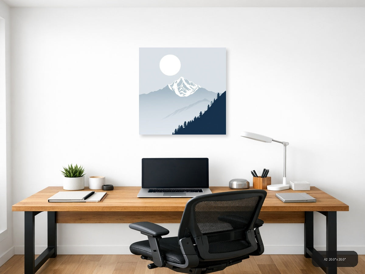 Snow-Capped Mountain Moon Night Sky | Minimalist Landscape Wall Art — A2 (Office)