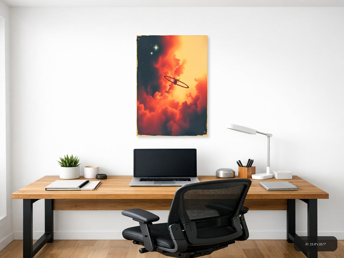 Vintage Spitfire Plane Sunset Clouds Wall Art — A1 / Office