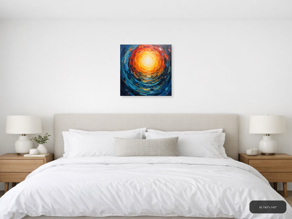 Abstract Concentric Sun Burst Orange Blue Wall Art — A3 / Bedroom