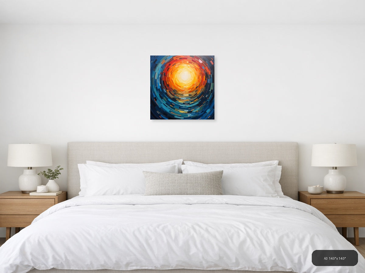 Abstract Concentric Sun Burst Orange Blue Wall Art — A3 / Bedroom