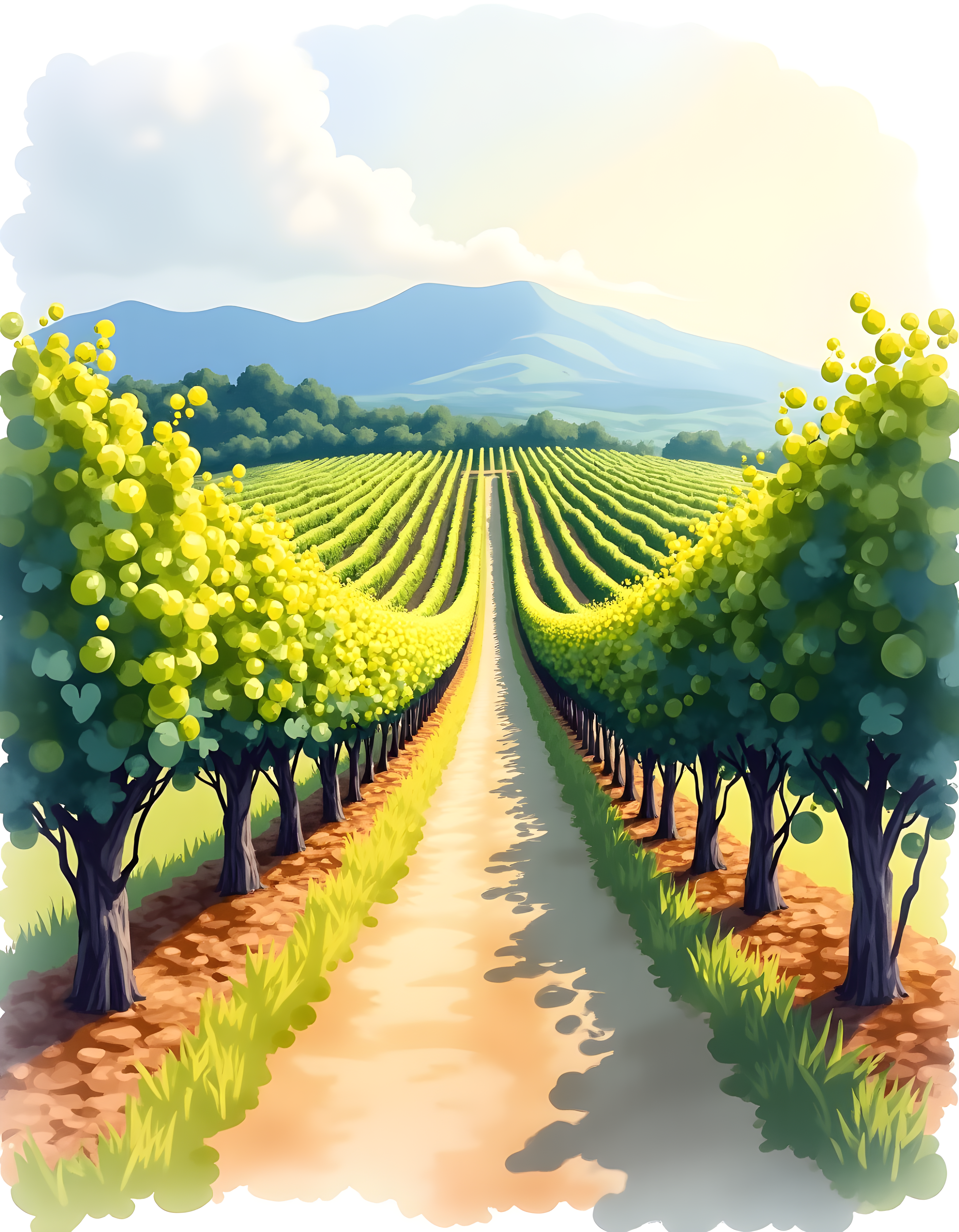 Vineyard Mountain Landscape Watercolor Wall Art