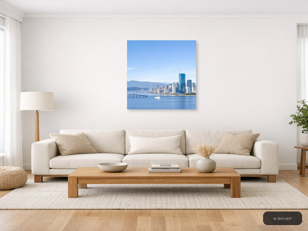Vancouver Skyline Blue Water Mountains Minimalist Wall Art — A2 (Living Room)