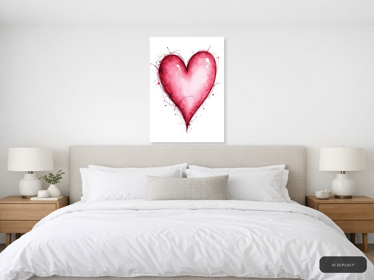 Pink Watercolor Heart with Line Art Splatter Wall Art — A1 / Bedroom