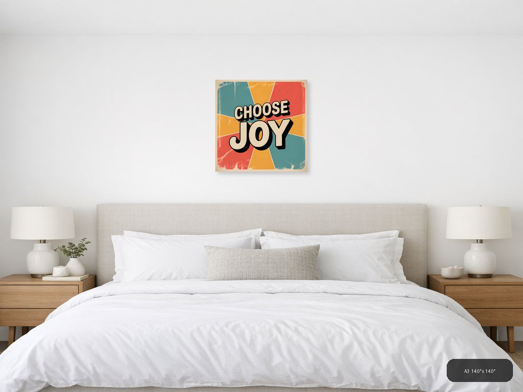 Choose Joy Vintage Retro Sunburst Square Wall Art — A3 / Bedroom