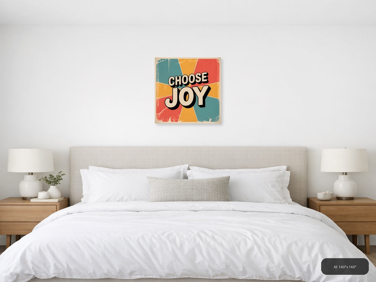 Choose Joy Vintage Retro Sunburst Square Wall Art — A3 / Bedroom