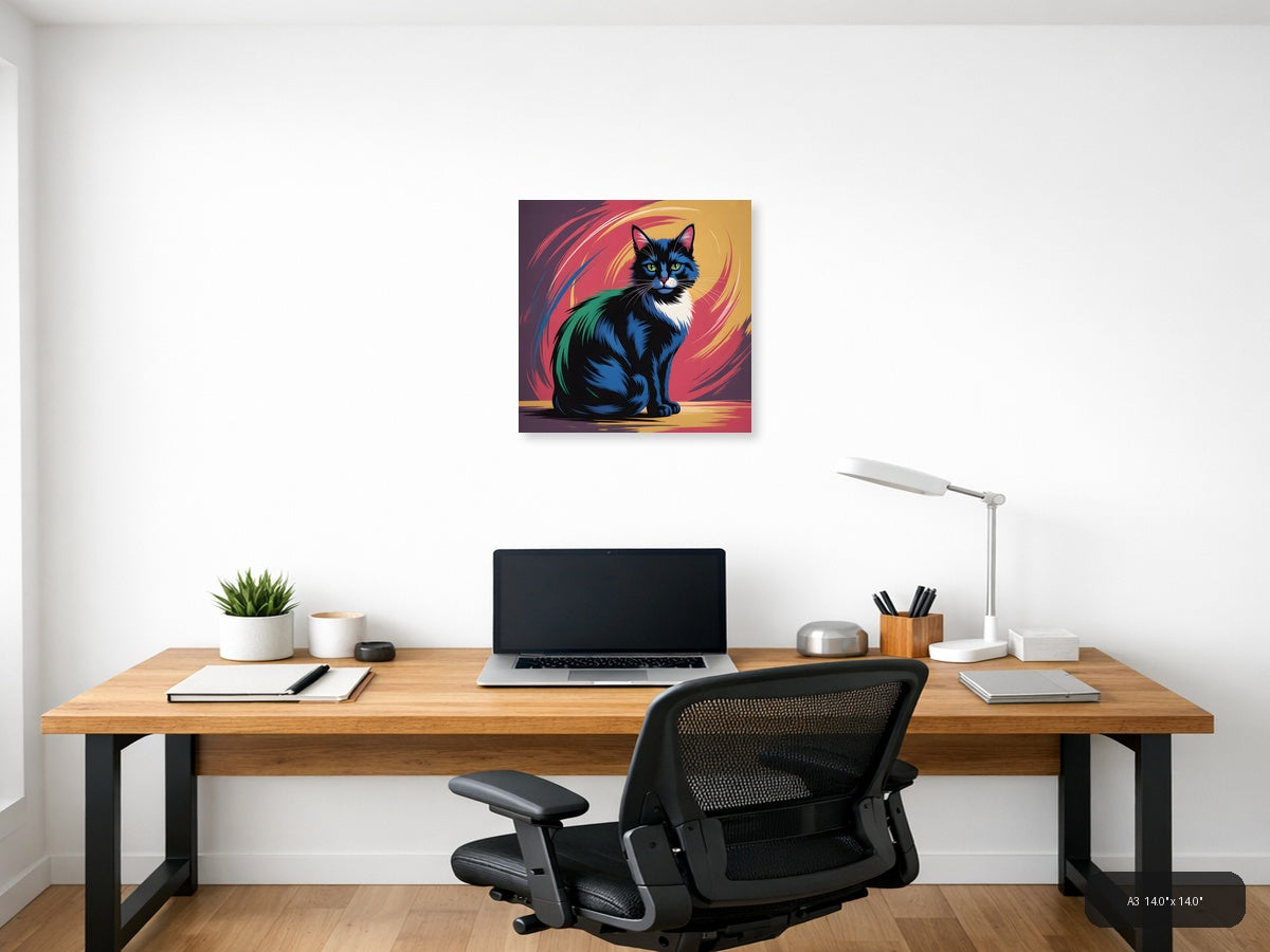 Colorful Abstract Cat Portrait with Green Eyes Wall Art — A3 / Office