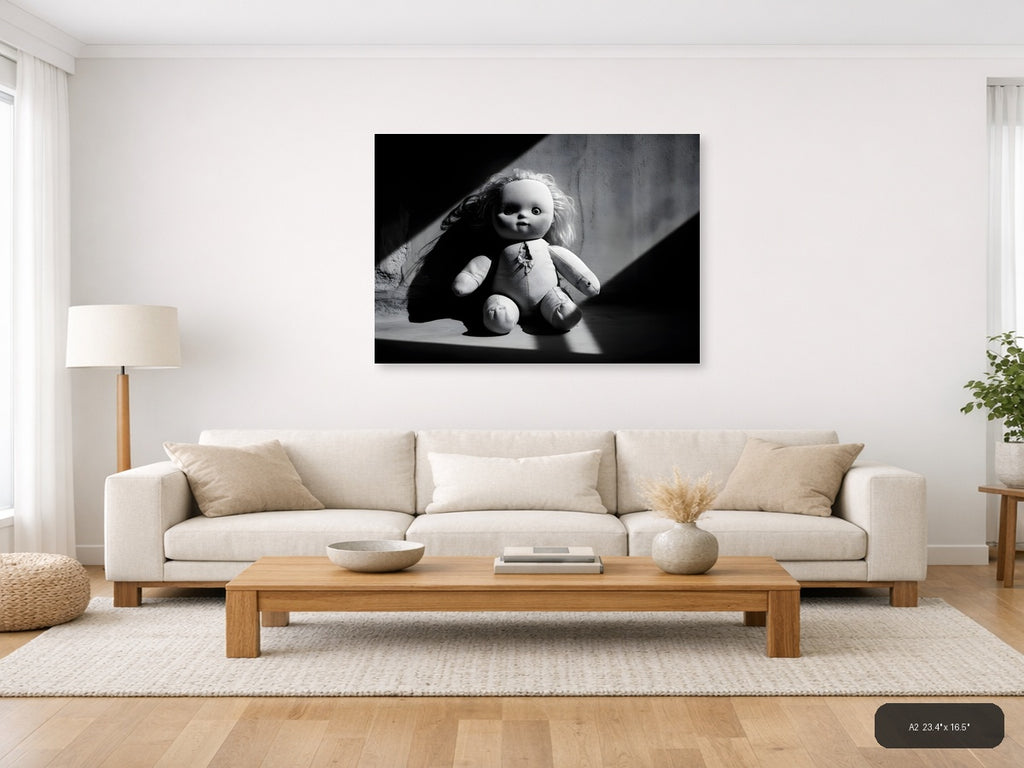 Haunting Doll Portrait Black and White Photography Wall Art — A2 / Living Room