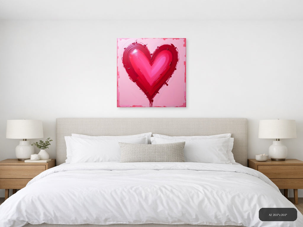 Abstract Red Heart Painting on Pink Background Wall Art — A2 / Bedroom