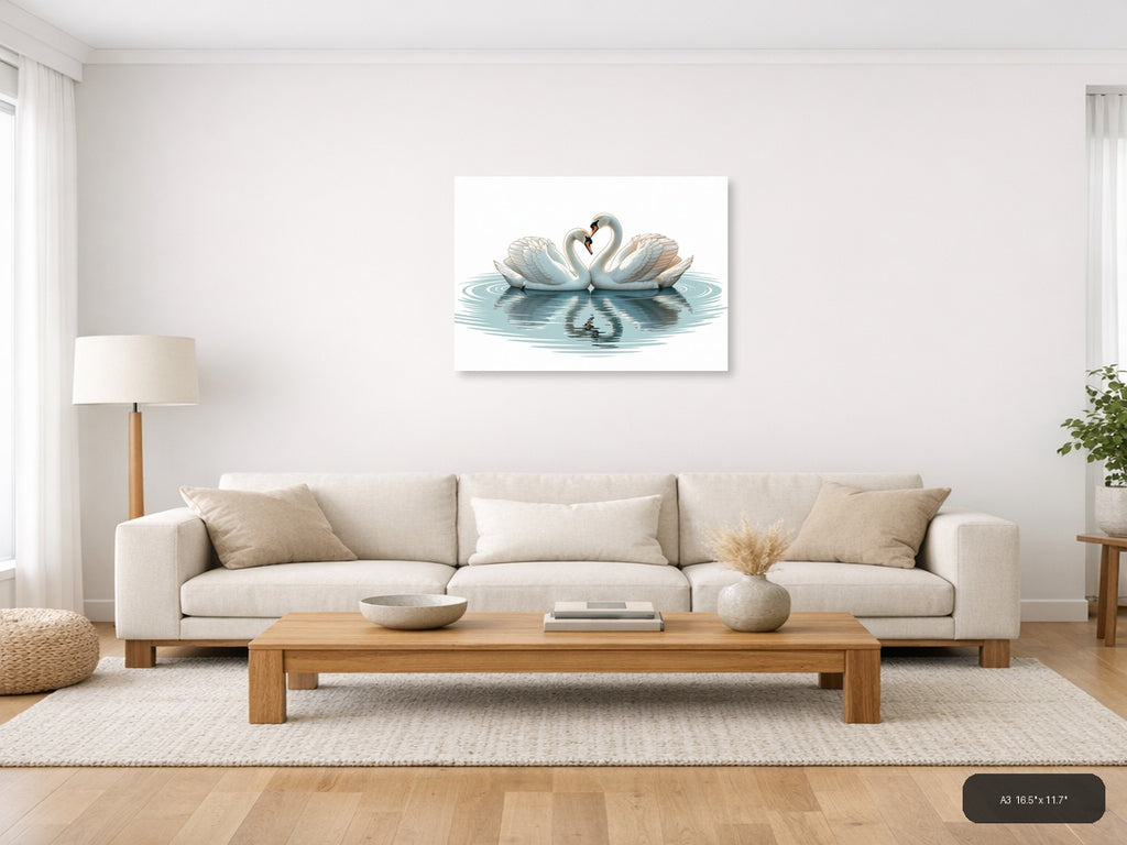 Two White Swans Forming Heart Minimalist Wall Art — A3 / Living Room