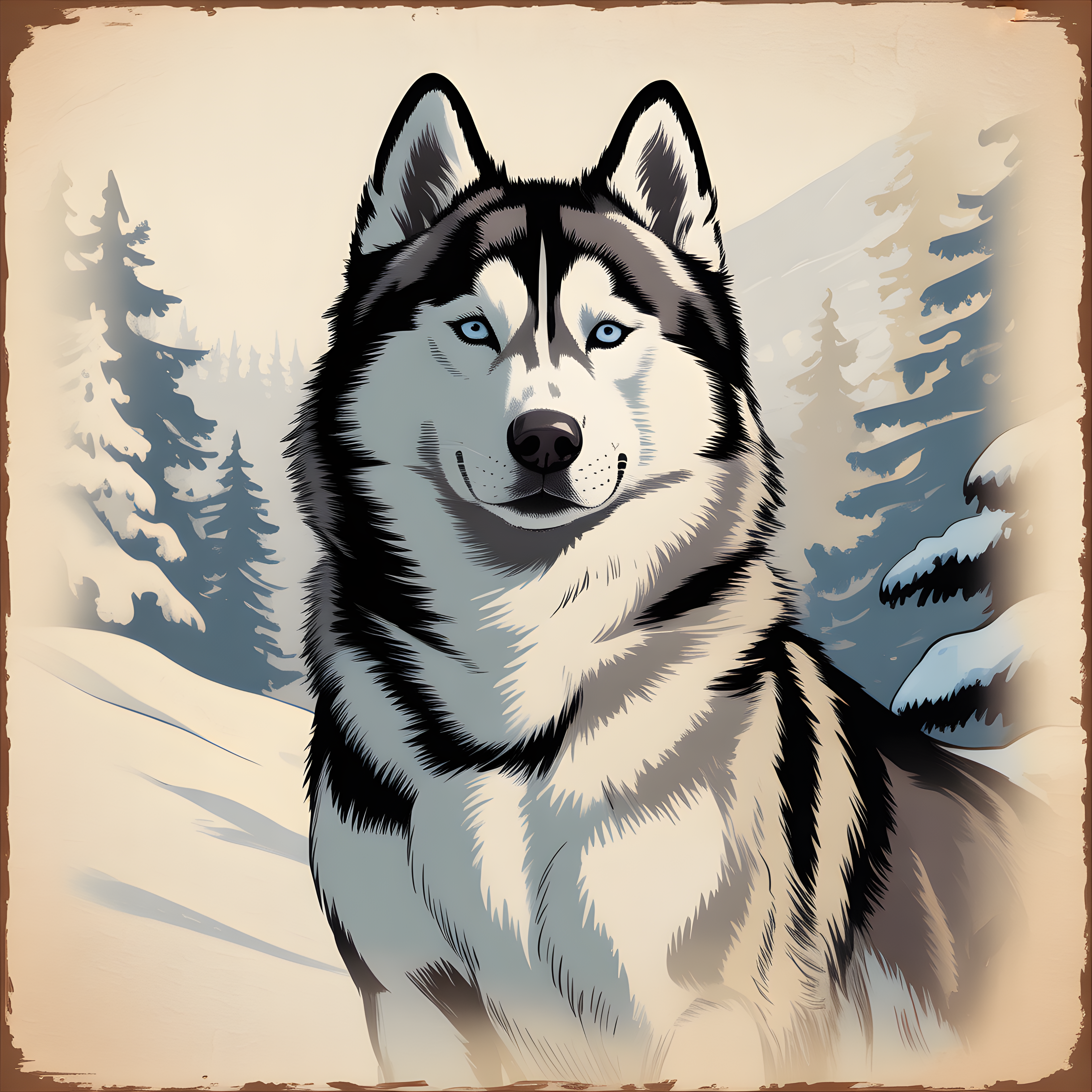 Husky Portrait in Snow - Vintage Winter Wall Art