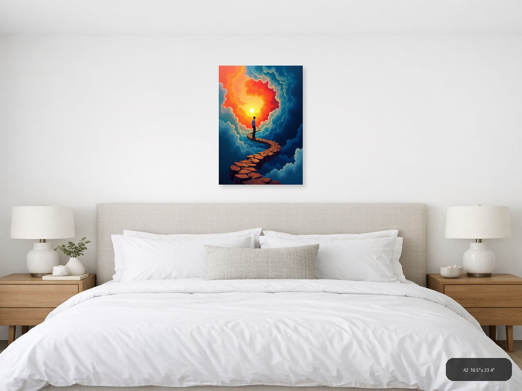Man on Stone Path to Sunset Cloud Portal Wall Art — A2 / Bedroom