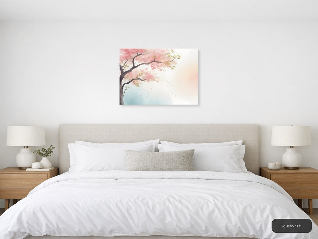 Cherry Blossom Tree Watercolor Landscape Wall Art — A3 / Bedroom