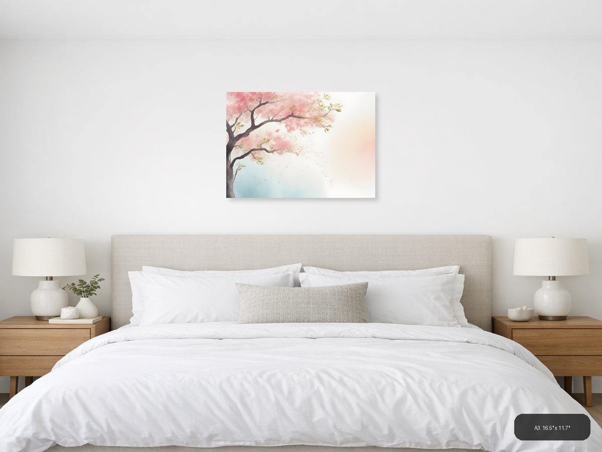 Cherry Blossom Tree Watercolor Landscape Wall Art — A3 / Bedroom