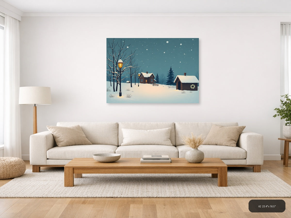 Vintage Winter Cottage Snow Scene Landscape Wall Art — A2 / Living Room